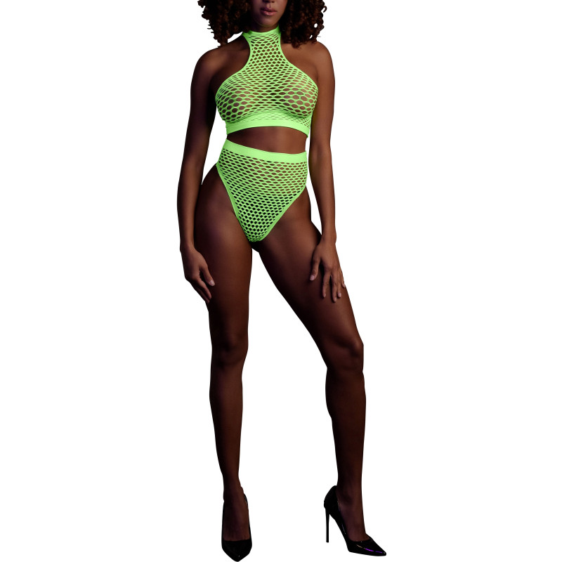 Ouch! Glow Ensemble Bustier et Culotte Filet Vert Fluo